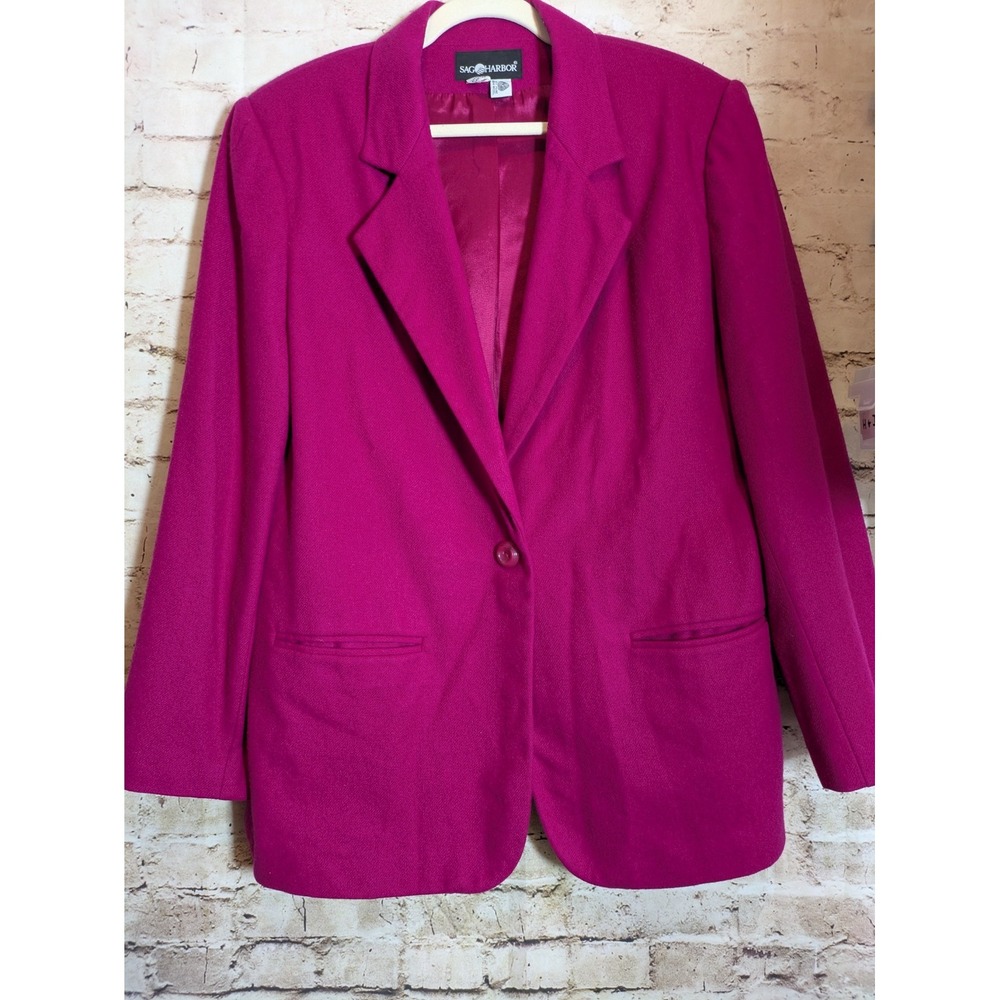 Vintage Sag Harbor Wool Blazer Women's 14 Hot Pink One Button Closet Staple